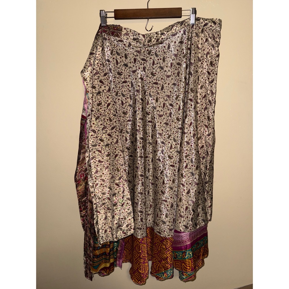 Vintage Silk Sari Magic Wrap Skirt Multi Color Reversible Hippie One Size India